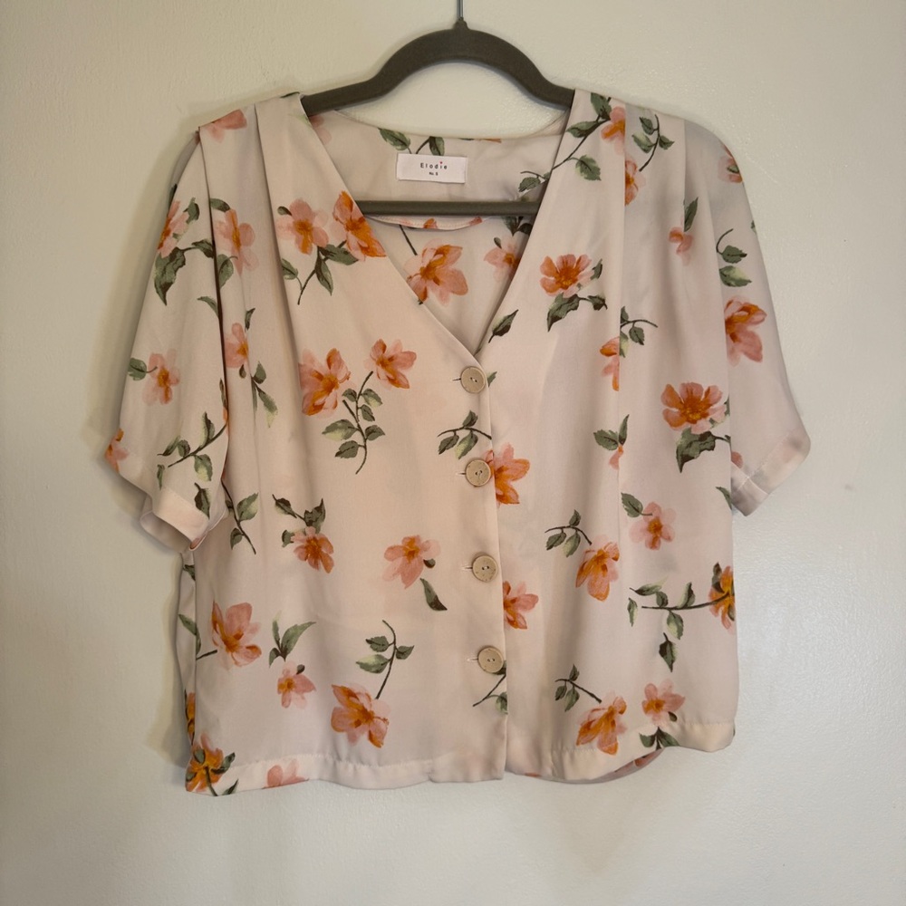 Elodie Peach Floral Button-Down Blouse Oversized Size S